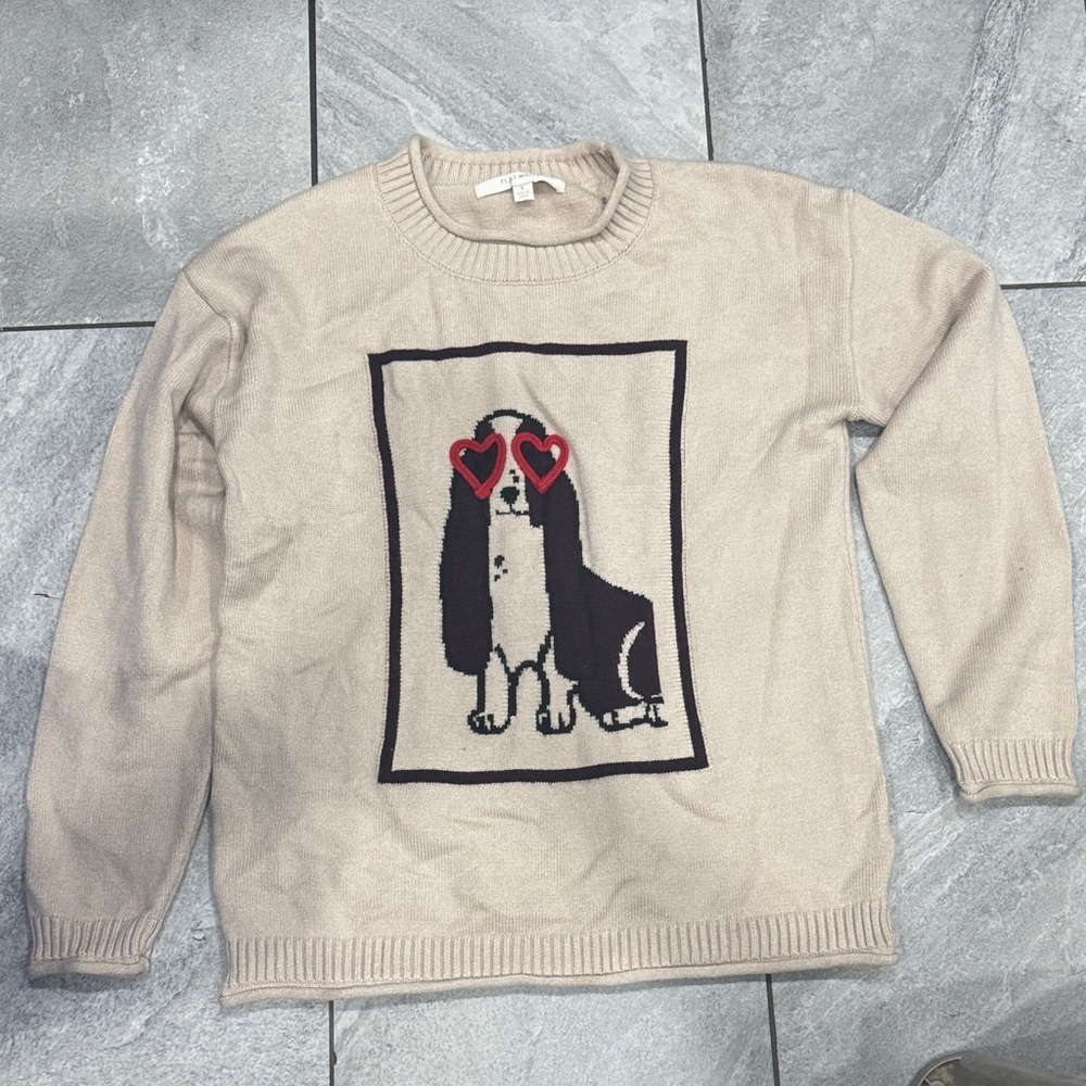 Anthropologie: Flat White Cream Dog Graphic Sweater